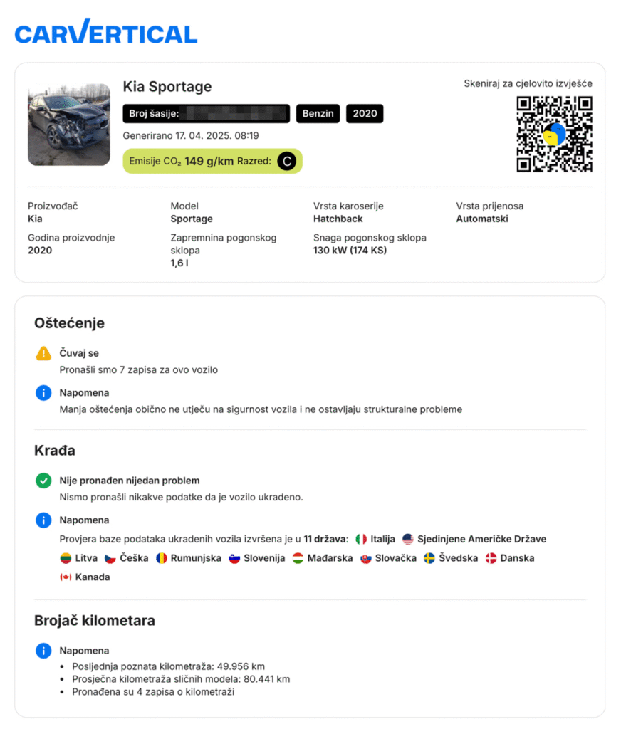 Sažetak carVertical izvješća na jednoj stranici